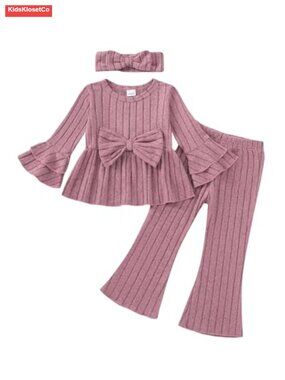 Toddler Girl Ruffle Top Flared Pants Set Long Sleeve Bow Top Bell Bottom Outfit
